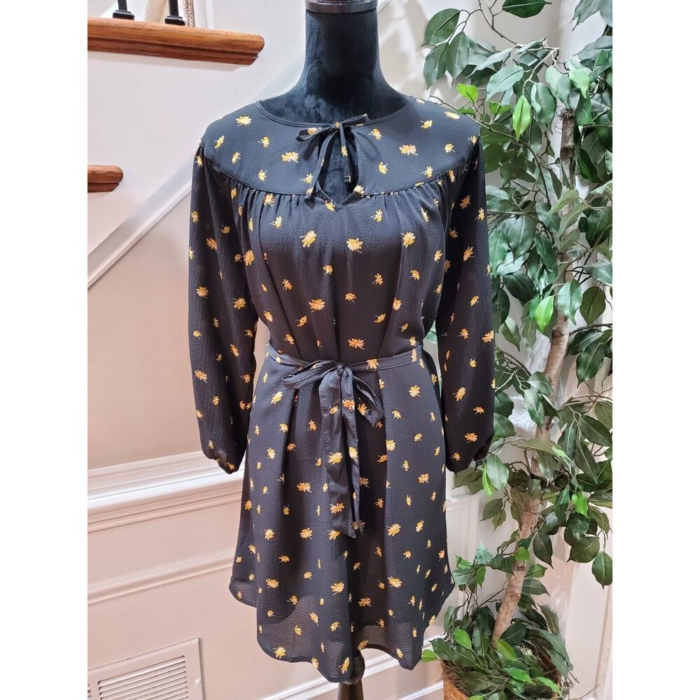 Madewell Women's Black Polyester Round Neck Long Sleeve Knee Length Dress Small